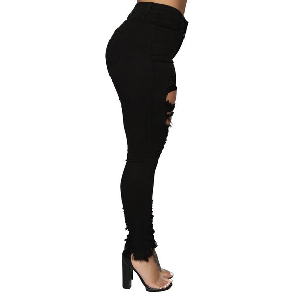 Women's Skinny Ripped Stretch Mid Rise Denim Jeans Casual Pants Black X-Large - Picture 8 of 9